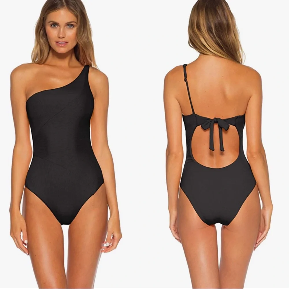 Becca Adeline Rib One Shoulder One Piece Swimsuit Black S NWT